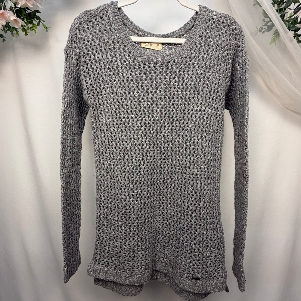Hollister Womens Grey Open Knit Crochet Long Sleeve Sweater Scoop Neck Medium